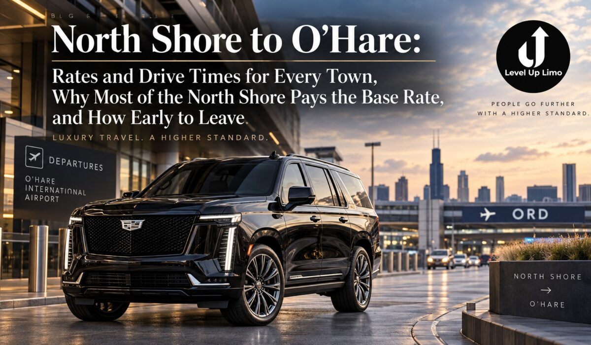 North Shore to O'Hare car service, with a black Cadillac Escalade at the O'Hare departures curb at dusk and a sign pointing from the North Shore to O'Hare