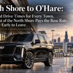 North Shore to O'Hare car service, with a black Cadillac Escalade at the O'Hare departures curb at dusk and a sign pointing from the North Shore to O'Hare