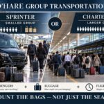O’Hare group transportation guide comparing a Mercedes Sprinter and charter bus based on passengers and airport luggage
