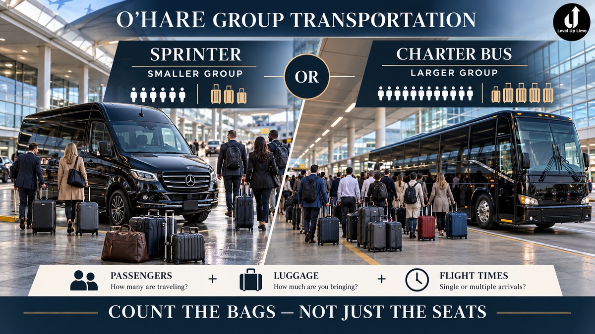 O’Hare group transportation guide comparing a Mercedes Sprinter and charter bus based on passengers and airport luggage