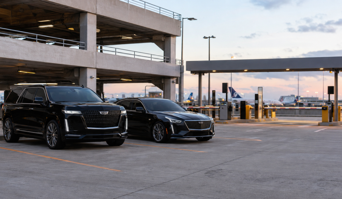 O'Hare and Midway airport parking pricing guide with black luxury SUV and sedan at an airport parking garage