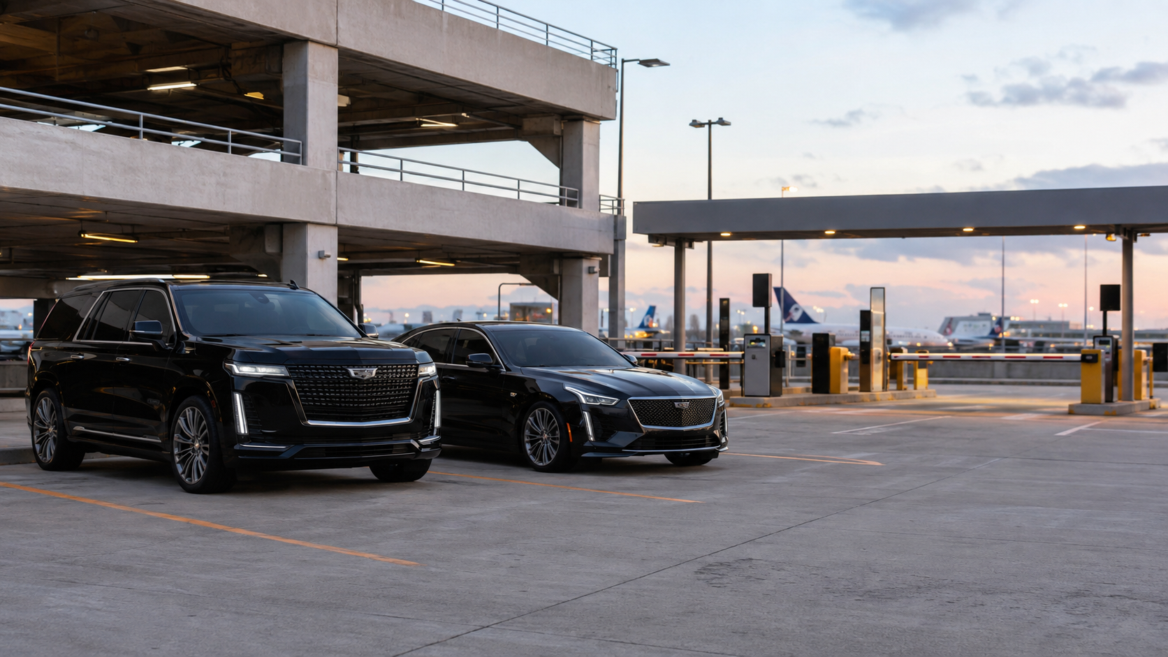 O'Hare and Midway airport parking pricing guide with black luxury SUV and sedan at an airport parking garage
