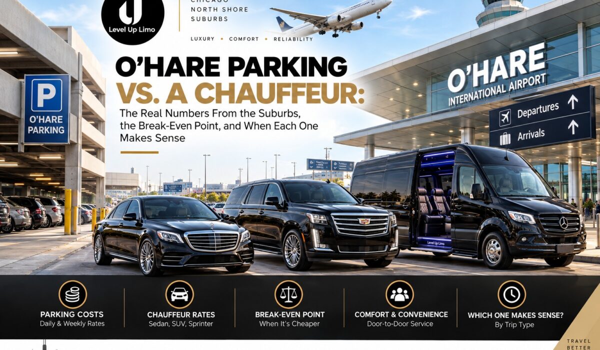 O'Hare parking vs. a chauffeur, with a black Mercedes S-Class, Cadillac Escalade and Sprinter van between an airport parking garage and the O'Hare terminal