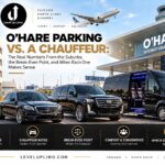 O'Hare parking vs. a chauffeur, with a black Mercedes S-Class, Cadillac Escalade and Sprinter van between an airport parking garage and the O'Hare terminal