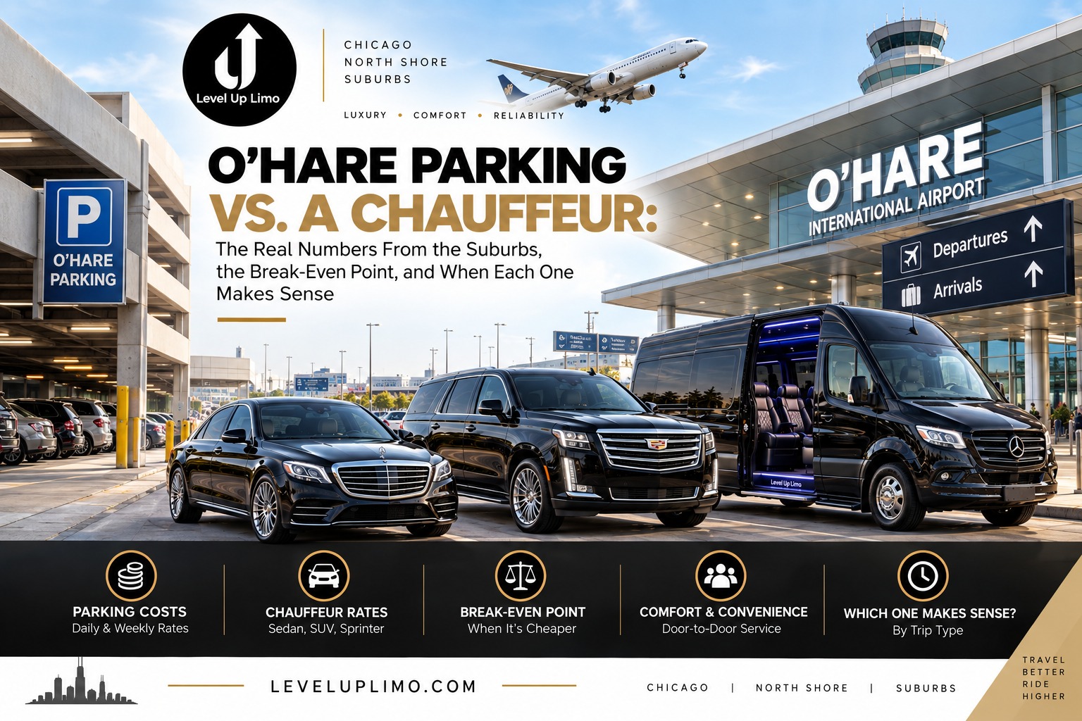 O'Hare parking vs. a chauffeur, with a black Mercedes S-Class, Cadillac Escalade and Sprinter van between an airport parking garage and the O'Hare terminal
