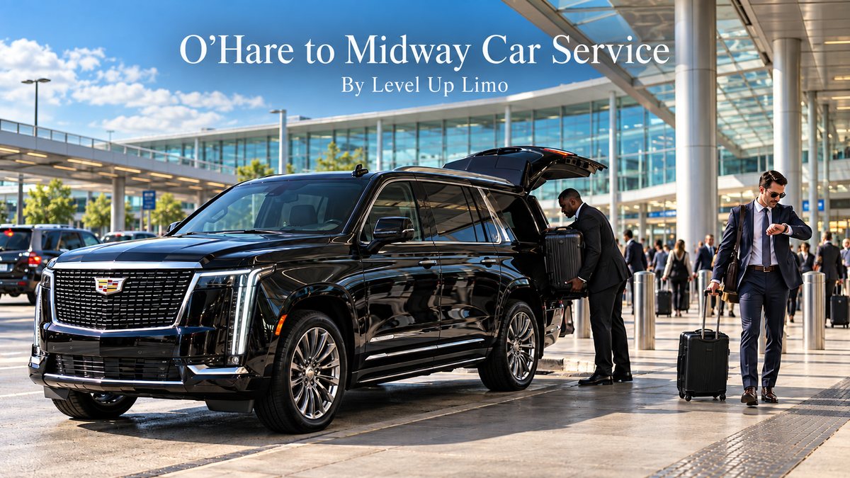 O'Hare to Midway car service with a black 2026 Cadillac Escalade and chauffeur loading a traveler's suitcase at an airport terminal curb