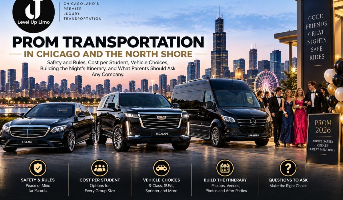 Prom transportation in Chicago and the North Shore, with a black Mercedes S-Class, Cadillac Escalade and Sprinter van at a venue entrance with the Chicago skyline at dusk