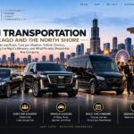Prom transportation in Chicago and the North Shore, with a black Mercedes S-Class, Cadillac Escalade and Sprinter van at a venue entrance with the Chicago skyline at dusk