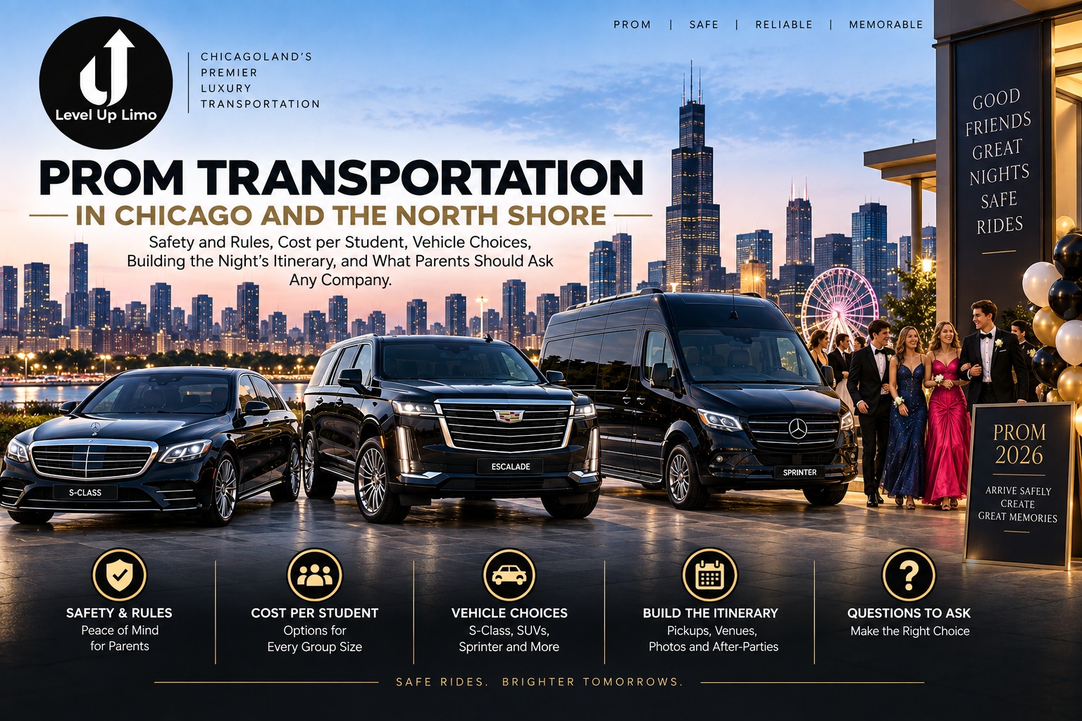 Prom transportation in Chicago and the North Shore, with a black Mercedes S-Class, Cadillac Escalade and Sprinter van at a venue entrance with the Chicago skyline at dusk