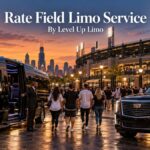 Rate Field limo service with a black Mercedes Sprinter and 2026 Cadillac Escalade dropping off fans outside a Chicago ballpark at dusk