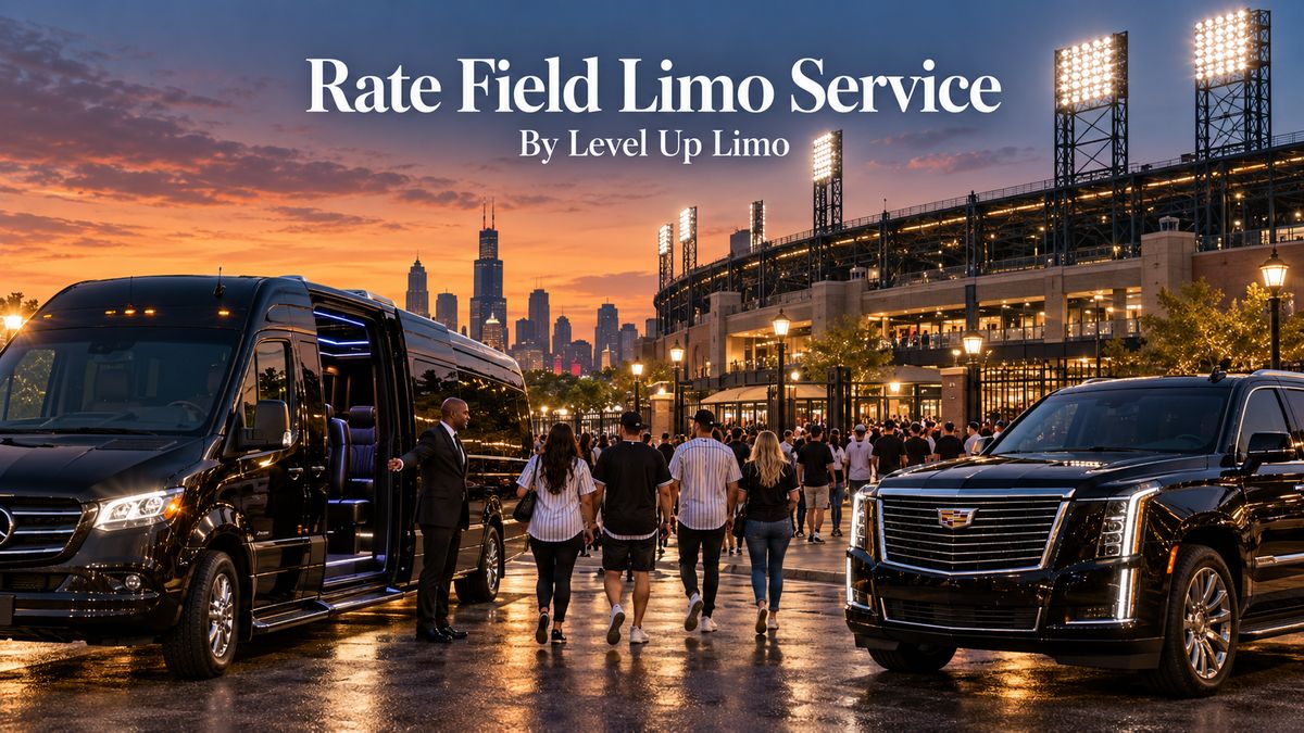 Rate Field limo service with a black Mercedes Sprinter and 2026 Cadillac Escalade dropping off fans outside a Chicago ballpark at dusk