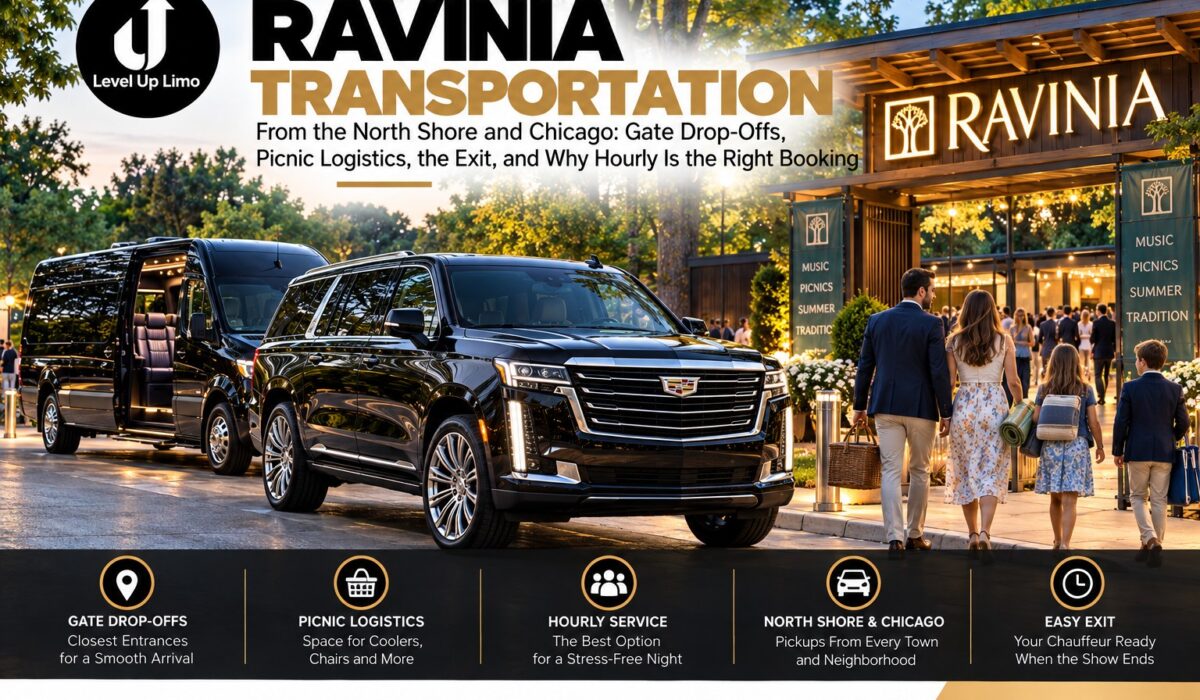 Level Up Limo Escalade and Sprinter van at the Ravinia entrance with a family carrying picnic gear to a summer concert