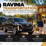 Level Up Limo Escalade and Sprinter van at the Ravinia entrance with a family carrying picnic gear to a summer concert