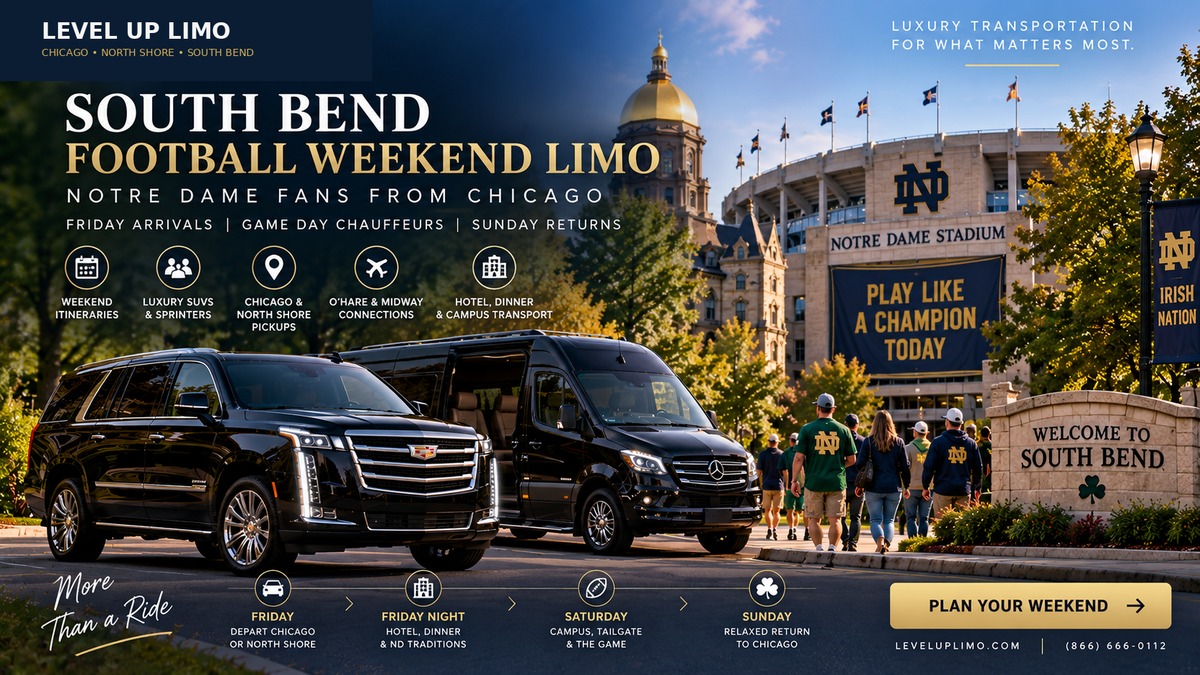 South Bend football weekend limo with Level Up Limo black SUV and Mercedes Sprinter for Notre Dame fans from Chicago