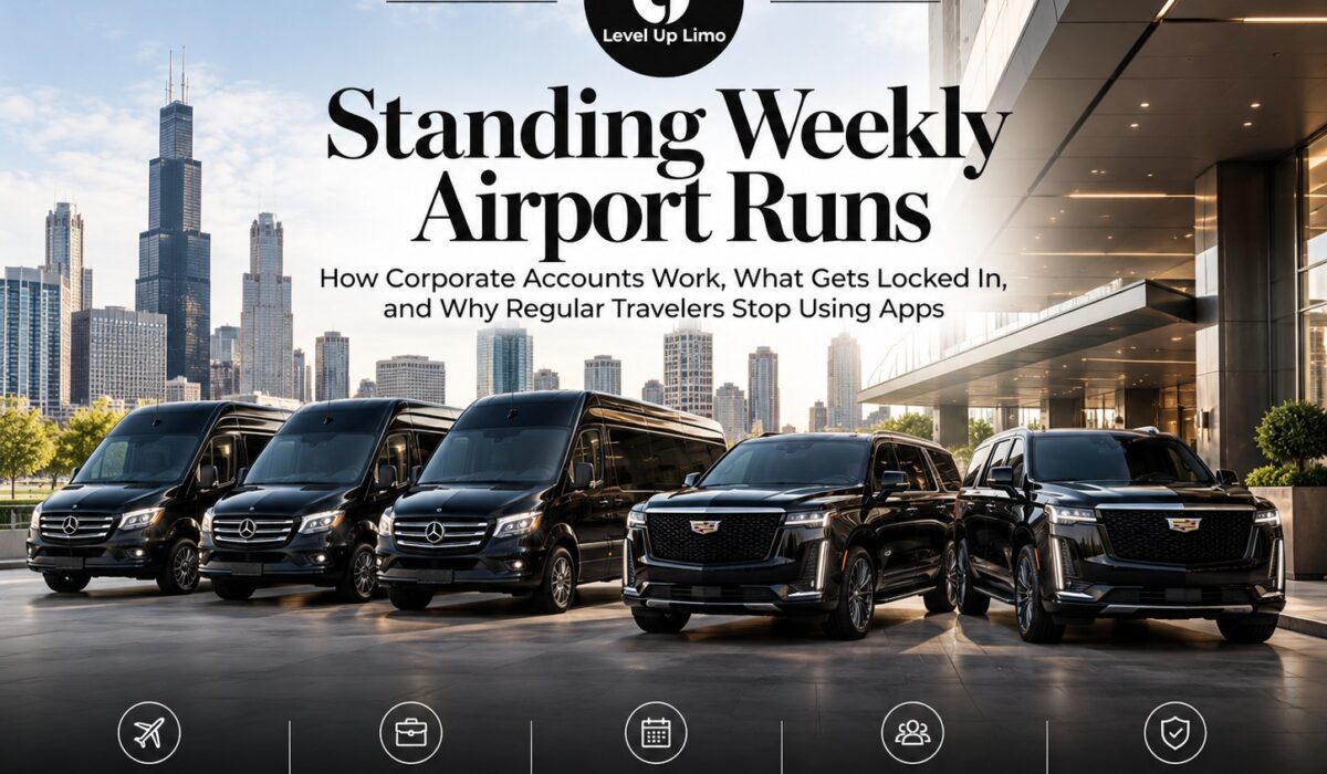 Level Up Limo fleet of Sprinter vans and Escalades lined up outside a downtown Chicago office building for corporate airport runs