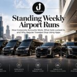 Level Up Limo fleet of Sprinter vans and Escalades lined up outside a downtown Chicago office building for corporate airport runs