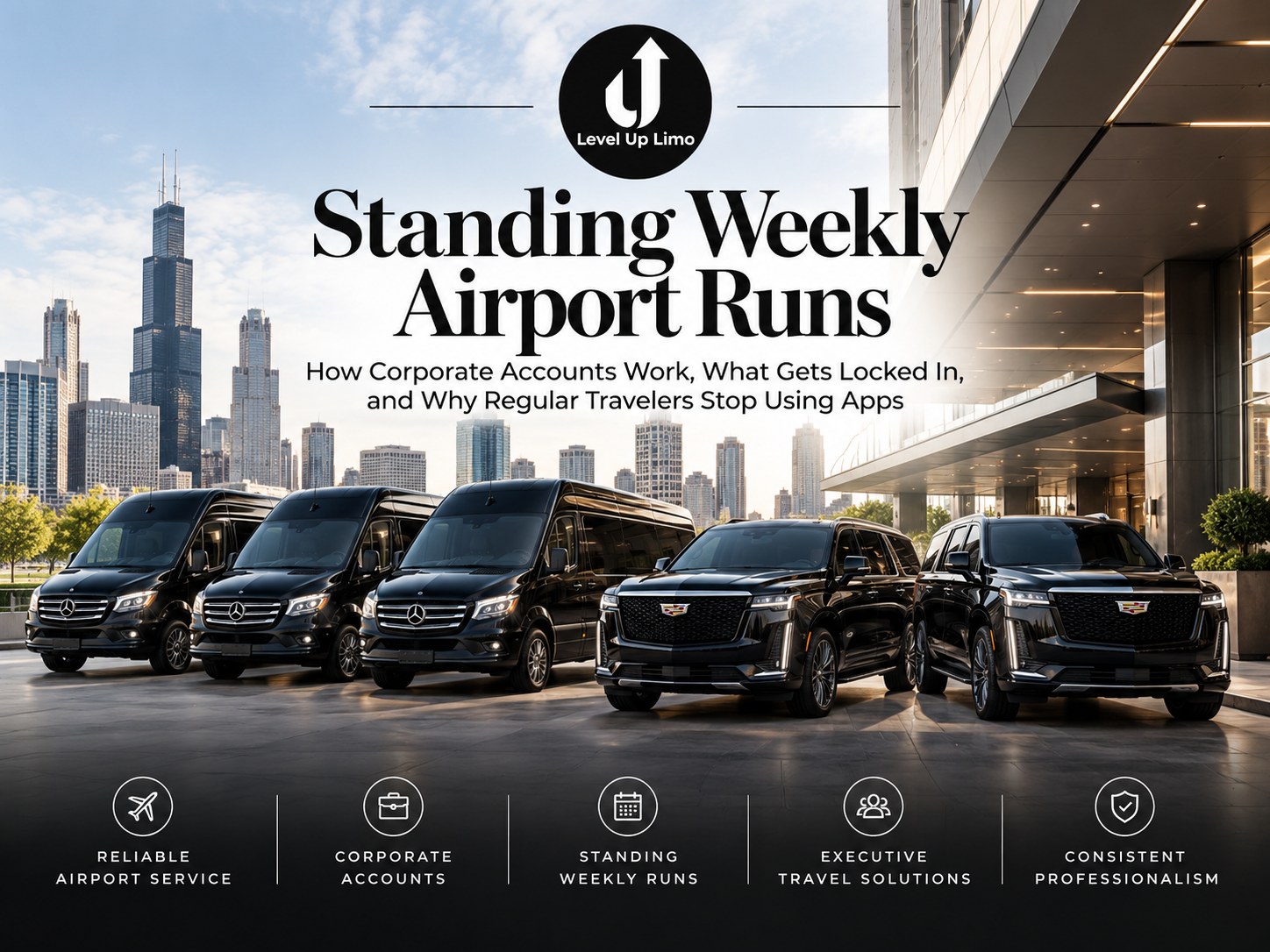 Level Up Limo fleet of Sprinter vans and Escalades lined up outside a downtown Chicago office building for corporate airport runs