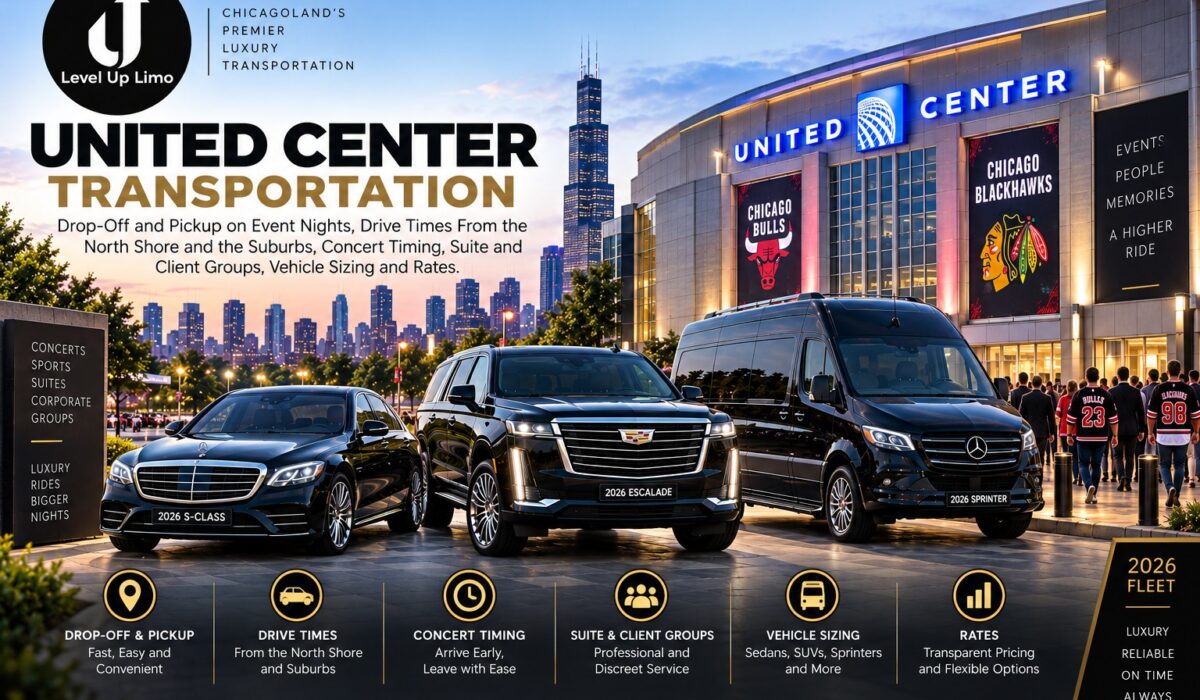 United Center transportation from Level Up Limo, with a black Mercedes S-Class, Cadillac Escalade and Sprinter van outside the arena at dusk with the Chicago skyline behind