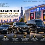 United Center transportation from Level Up Limo, with a black Mercedes S-Class, Cadillac Escalade and Sprinter van outside the arena at dusk with the Chicago skyline behind