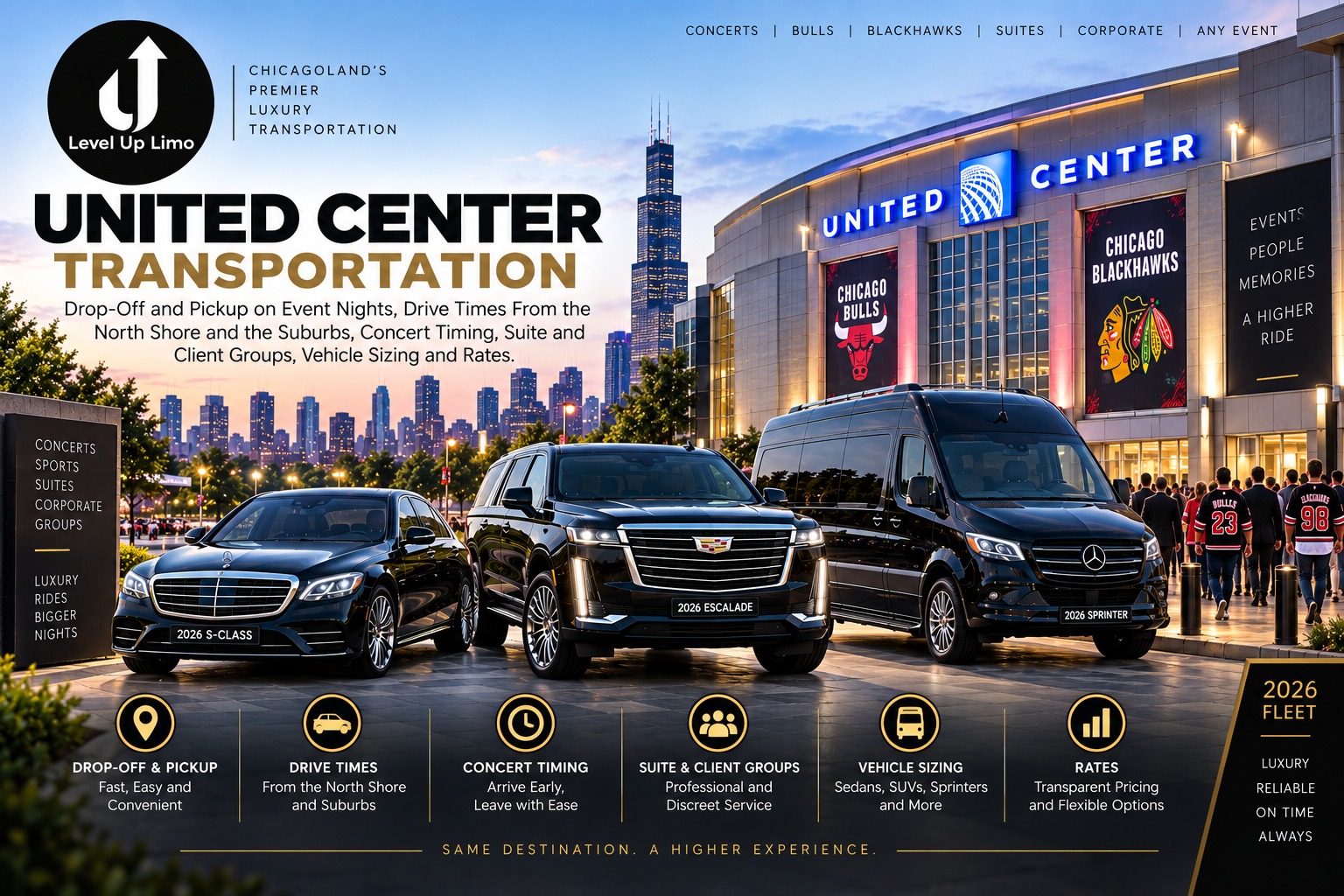 United Center transportation from Level Up Limo, with a black Mercedes S-Class, Cadillac Escalade and Sprinter van outside the arena at dusk with the Chicago skyline behind