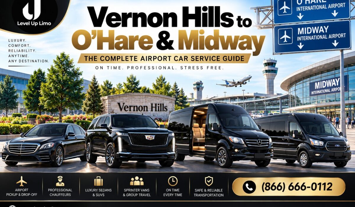 Level Up Limo fleet — black Mercedes S-Class, Cadillac Escalade, and Sprinter vans — for Vernon Hills to O'Hare and Midway airport car service on Chicago's North Shore