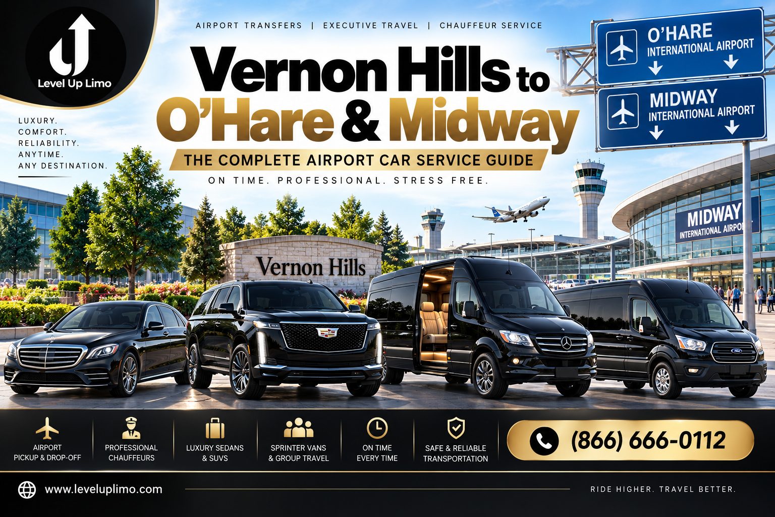 Level Up Limo fleet — black Mercedes S-Class, Cadillac Escalade, and Sprinter vans — for Vernon Hills to O'Hare and Midway airport car service on Chicago's North Shore