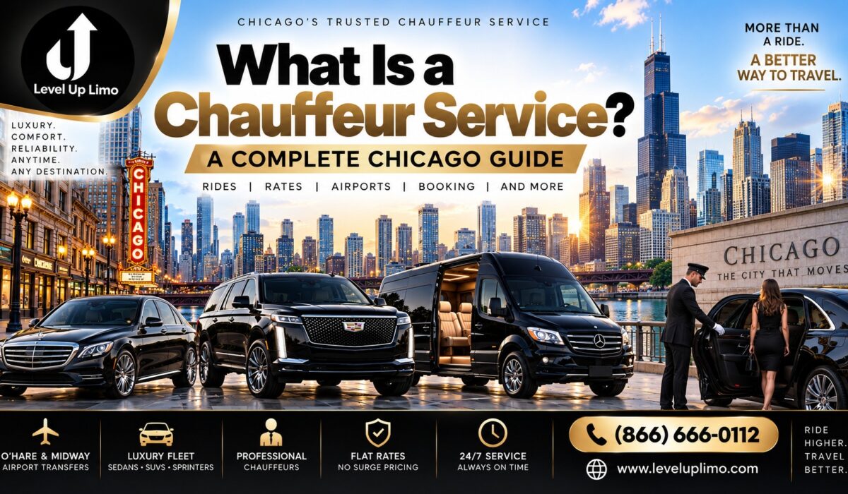 Level Up Limo chauffeur helping a passenger into a car, with luxury sedan, Cadillac Escalade SUV, and Mercedes Sprinter van and the Chicago skyline