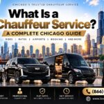 Level Up Limo chauffeur helping a passenger into a car, with luxury sedan, Cadillac Escalade SUV, and Mercedes Sprinter van and the Chicago skyline