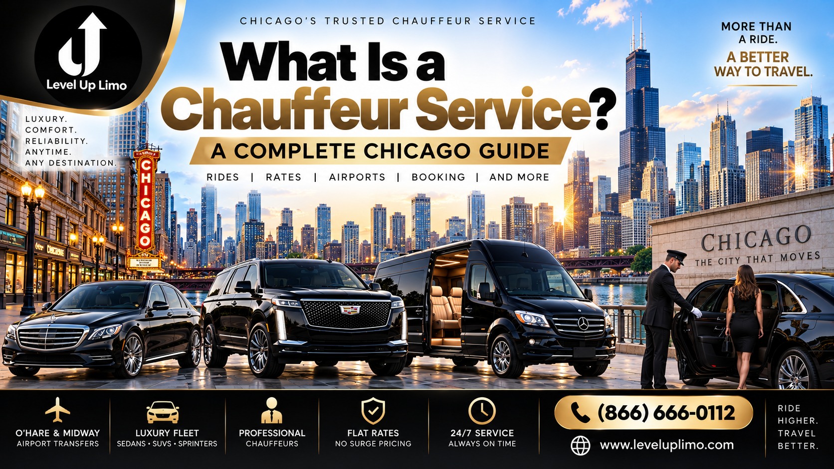 Level Up Limo chauffeur helping a passenger into a car, with luxury sedan, Cadillac Escalade SUV, and Mercedes Sprinter van and the Chicago skyline