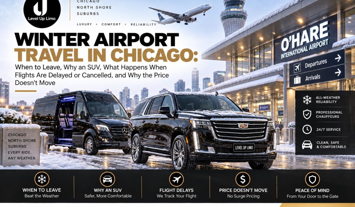 Winter airport travel in Chicago, with a black Cadillac Escalade and Mercedes Sprinter van on a snowy O'Hare terminal curb with the skyline behind