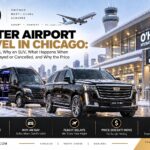 Winter airport travel in Chicago, with a black Cadillac Escalade and Mercedes Sprinter van on a snowy O'Hare terminal curb with the skyline behind