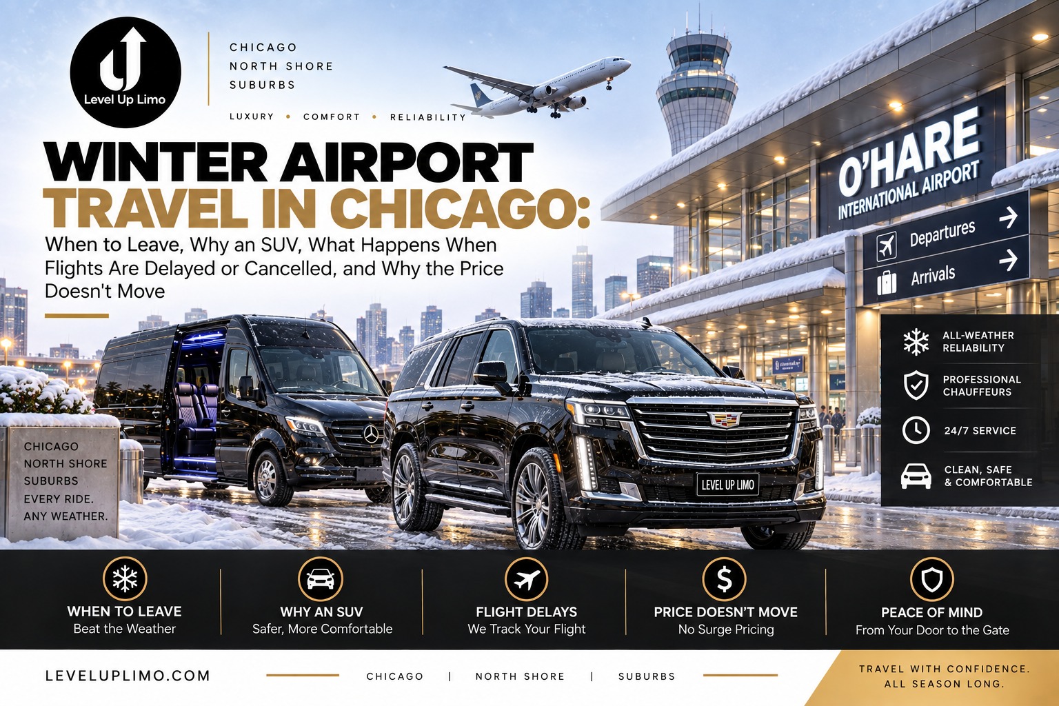 Winter airport travel in Chicago, with a black Cadillac Escalade and Mercedes Sprinter van on a snowy O'Hare terminal curb with the skyline behind