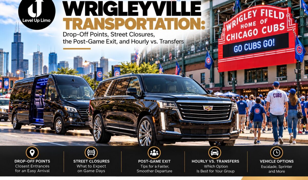 Level Up Limo Escalade and Sprinter van outside Wrigley Field in Wrigleyville as Cubs fans walk to the game