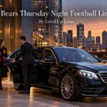Bears Thursday Night Football limo with a black Mercedes-Benz S-Class and chauffeur picking up fans in business attire outside a downtown Chicago office tower at dusk