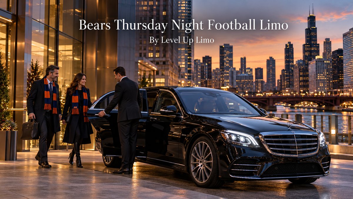Bears Thursday Night Football limo with a black Mercedes-Benz S-Class and chauffeur picking up fans in business attire outside a downtown Chicago office tower at dusk