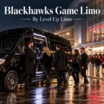 Blackhawks game limo with a black Mercedes Sprinter and chauffeur dropping off fans outside the United Center on a game night