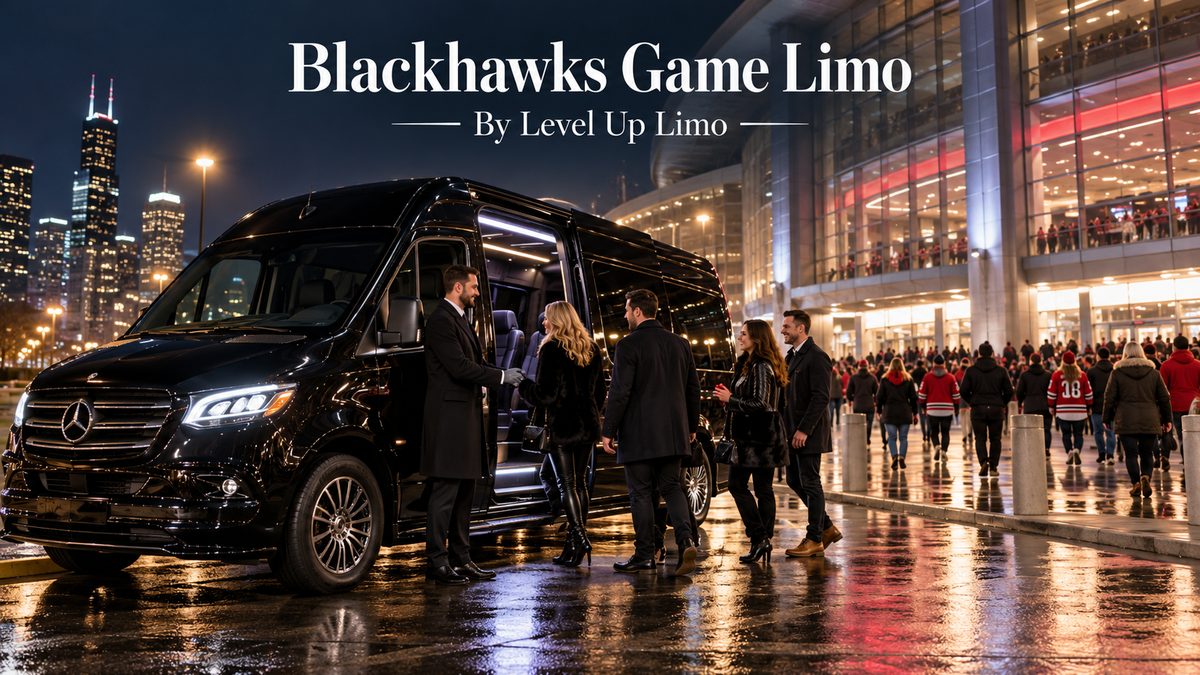 Blackhawks game limo with a black Mercedes Sprinter and chauffeur dropping off fans outside the United Center on a game night