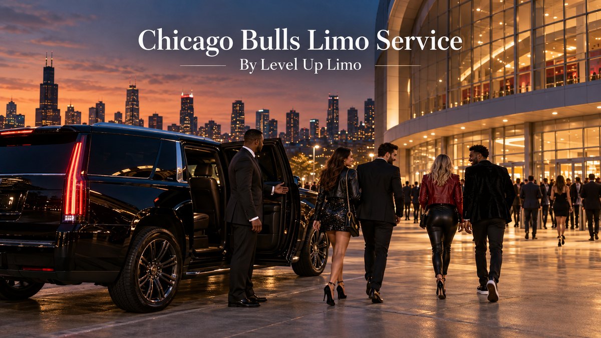 Chicago Bulls limo service with a black Cadillac Escalade and chauffeur dropping off fans outside the United Center on a basketball game night