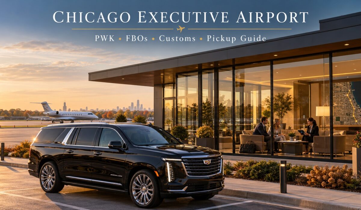 Black Cadillac Escalade ESV outside a Chicago Executive Airport-inspired private aviation terminal while executives review their ground transportation itinerary.