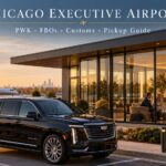 Black Cadillac Escalade ESV outside a Chicago Executive Airport-inspired private aviation terminal while executives review their ground transportation itinerary.