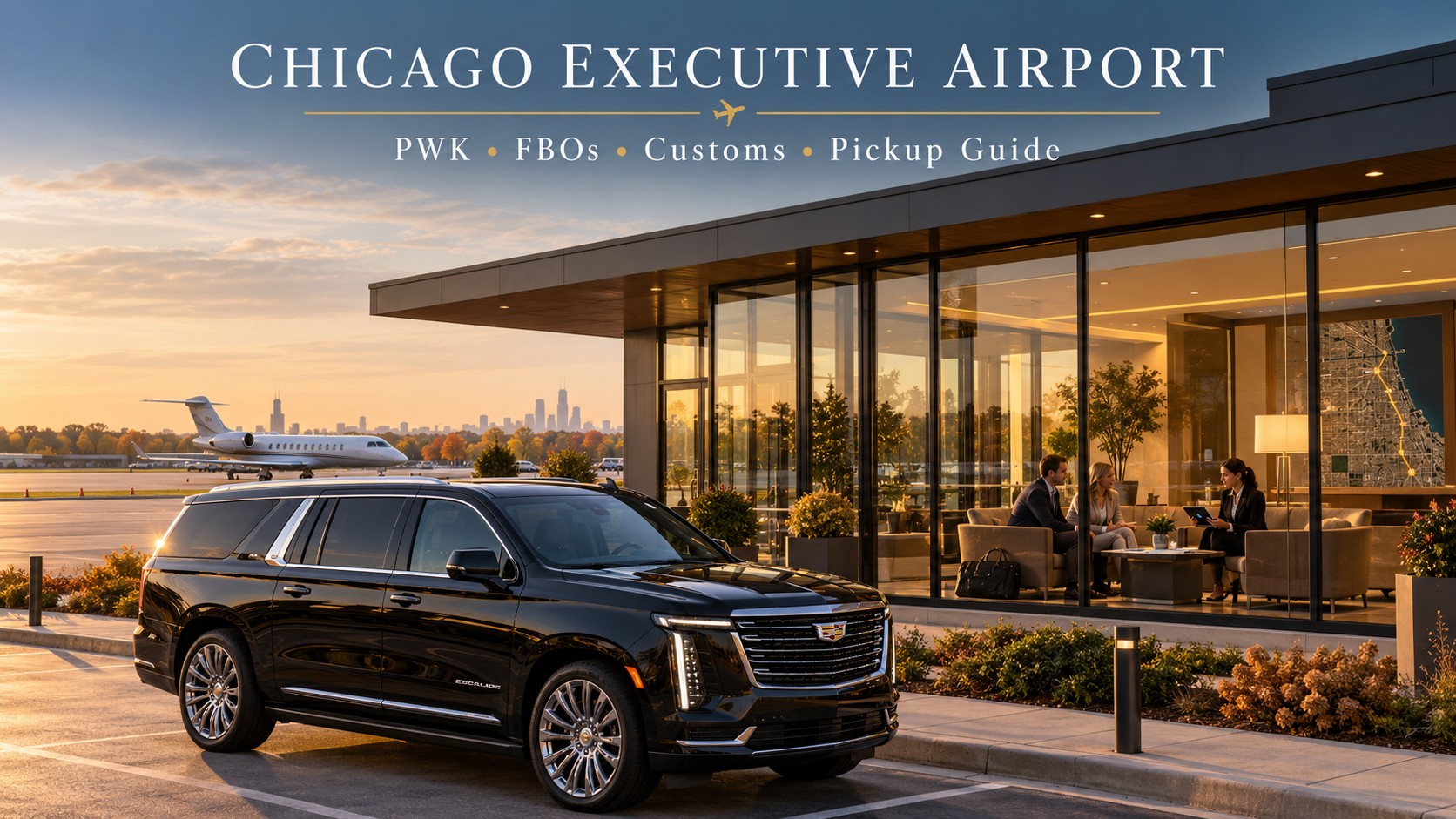 Black Cadillac Escalade ESV outside a Chicago Executive Airport-inspired private aviation terminal while executives review their ground transportation itinerary.