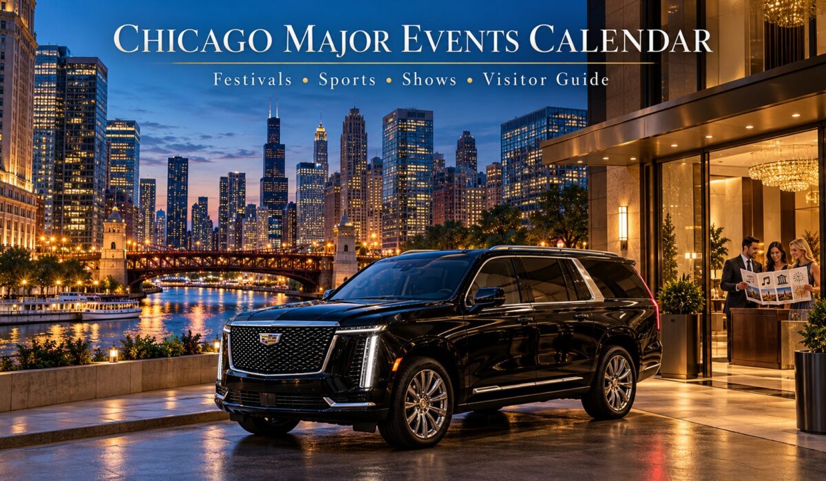Black Cadillac Escalade outside a downtown Chicago hotel as visitors review a city events itinerary overlooking the Chicago River.