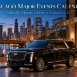 Black Cadillac Escalade outside a downtown Chicago hotel as visitors review a city events itinerary overlooking the Chicago River.