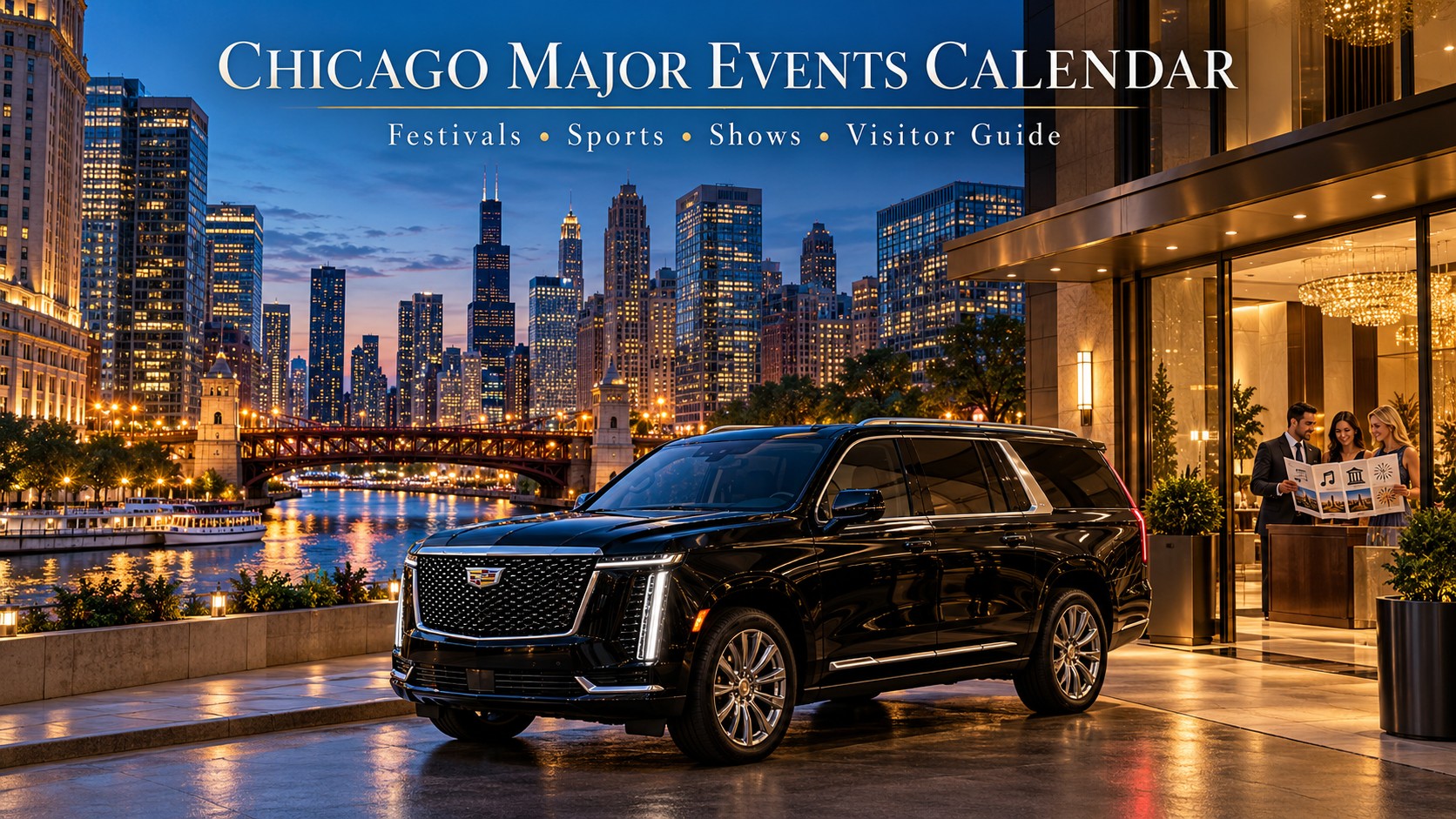 Black Cadillac Escalade outside a downtown Chicago hotel as visitors review a city events itinerary overlooking the Chicago River.