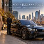 Black 2026 Mercedes-Benz S-Class leaving Chicago for Lucas Oil Stadium with Level Up Limo passengers traveling to Indianapolis for a Colts game.