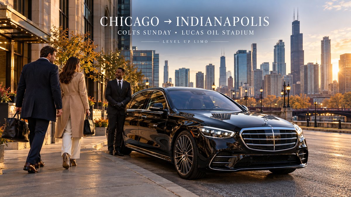 Black 2026 Mercedes-Benz S-Class leaving Chicago for Lucas Oil Stadium with Level Up Limo passengers traveling to Indianapolis for a Colts game.
