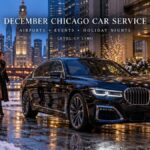 Black BMW 7 Series with Level Up Limo chauffeur in downtown Chicago on a December evening with light snow and holiday city lights.