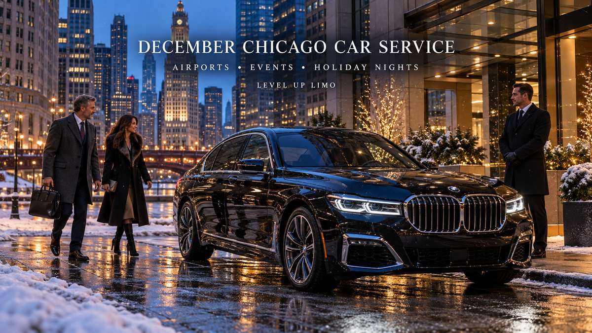 Black BMW 7 Series with Level Up Limo chauffeur in downtown Chicago on a December evening with light snow and holiday city lights.