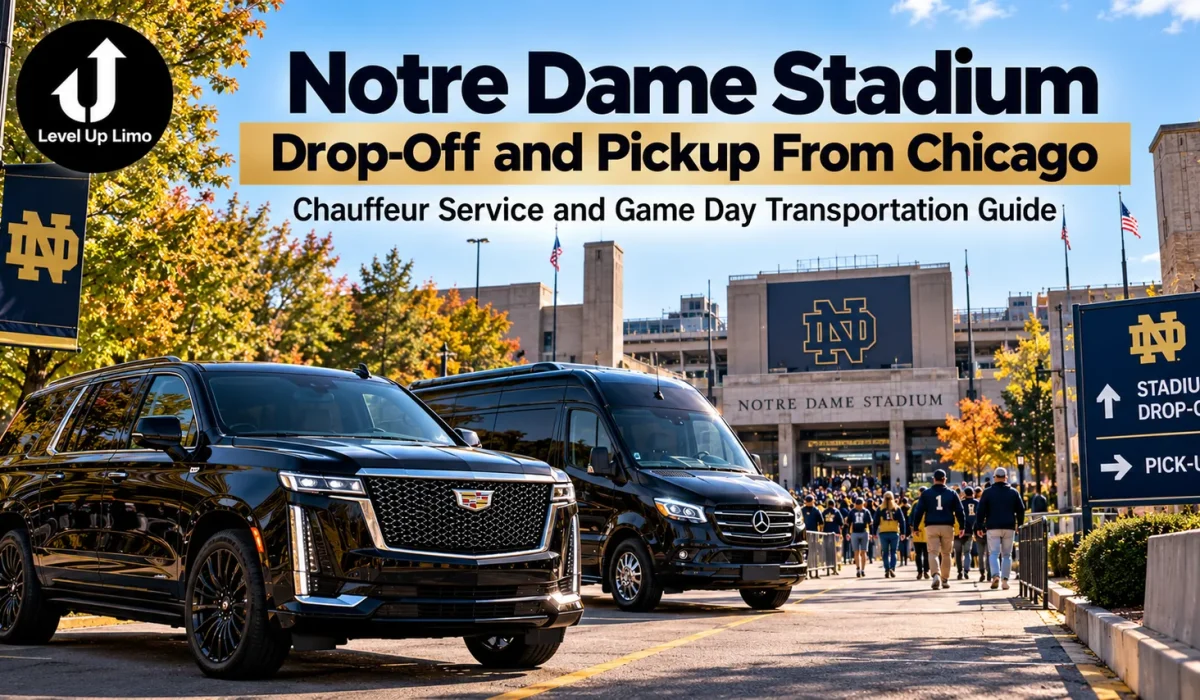 Level Up Limo black Cadillac Escalade and Mercedes Sprinter at the Notre Dame Stadium drop-off and pickup area for a Chicago game day chauffeur trip