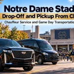 Level Up Limo black Cadillac Escalade and Mercedes Sprinter at the Notre Dame Stadium drop-off and pickup area for a Chicago game day chauffeur trip